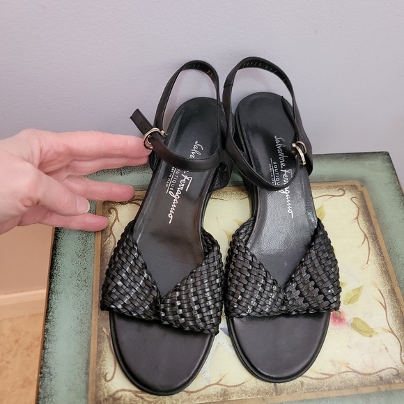 Salvatore Ferragamo Shoes - Salvatore Ferragamo Black Woven Leather 1 Inch Wedge Sandal Size 7 1/2